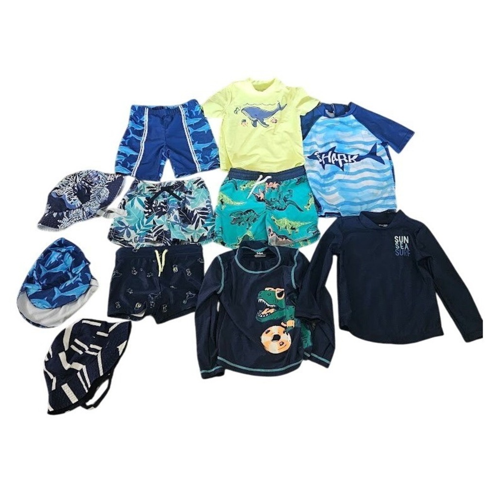 Carters Toddler Boy Swimwear Lot 11pc Rash Guards Trunks Hats 24M 2T Shark Dino